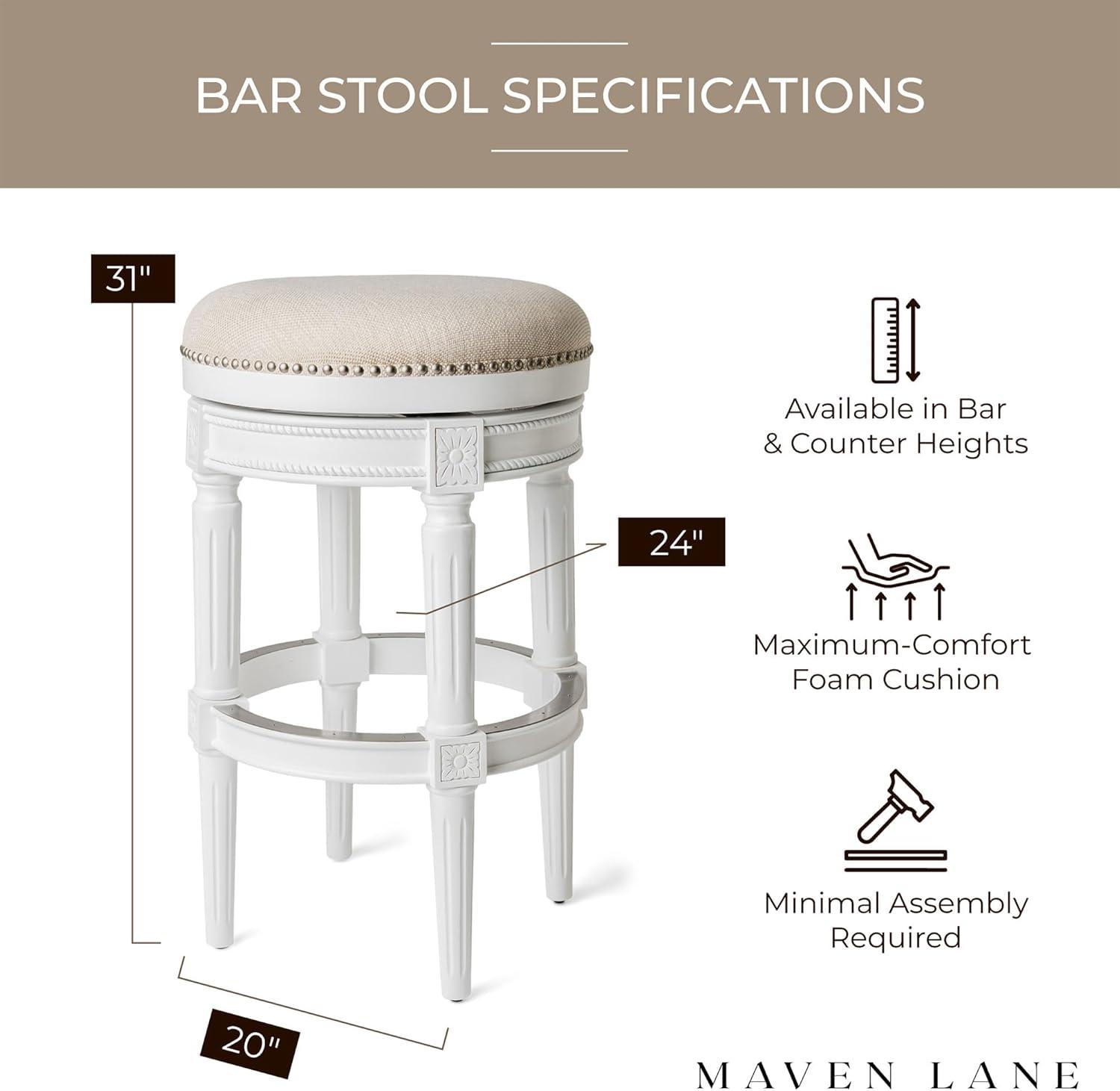 Maven Lane Pullman 31 Inch Tall Backless Alabaster White Finish Bar Height Upholstered Barstool with Cream Fabric Cushion Seat, Set of 3