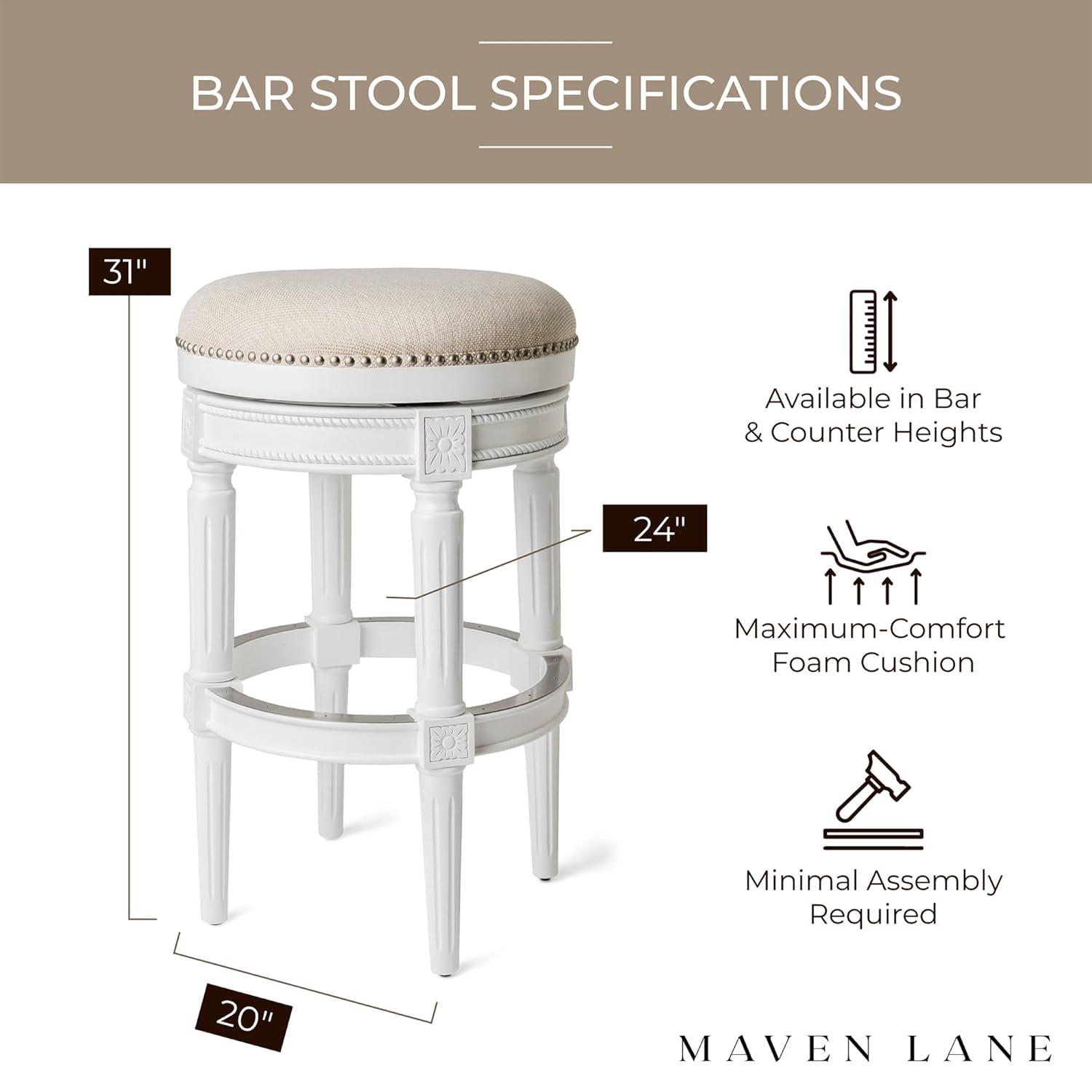 Maven Lane Pullman 31 Inch Tall Backless Alabaster White Finish Bar Height Upholstered Barstool with Cream Fabric Cushion Seat, Set of 3