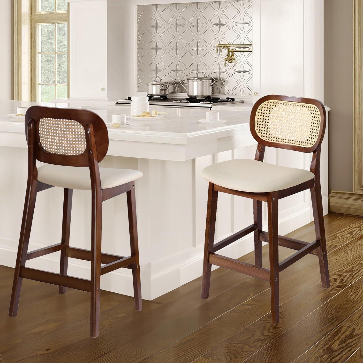 Lucky Monet Wood Upholstered Counter Height Bar Stools with Rattan Back - 36.81"H x 17.72"W x 18.7"D Set of 2 - White Faux Leather/ Brown Frame