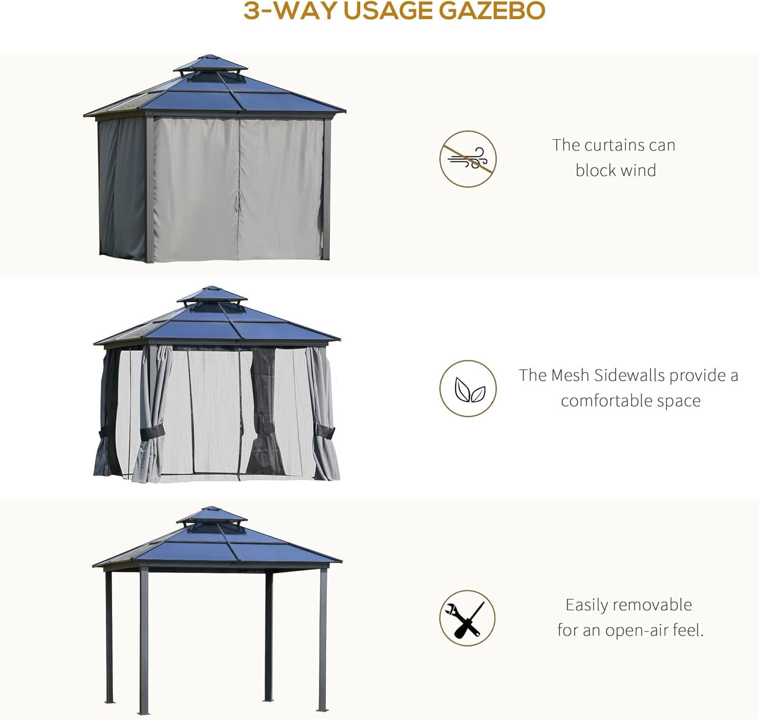 10' x 10' Hardtop Gazebo Canopy with Polycarbonate Roof, Aluminum Frame, Permanent Pavilion Outdoor Gazebo