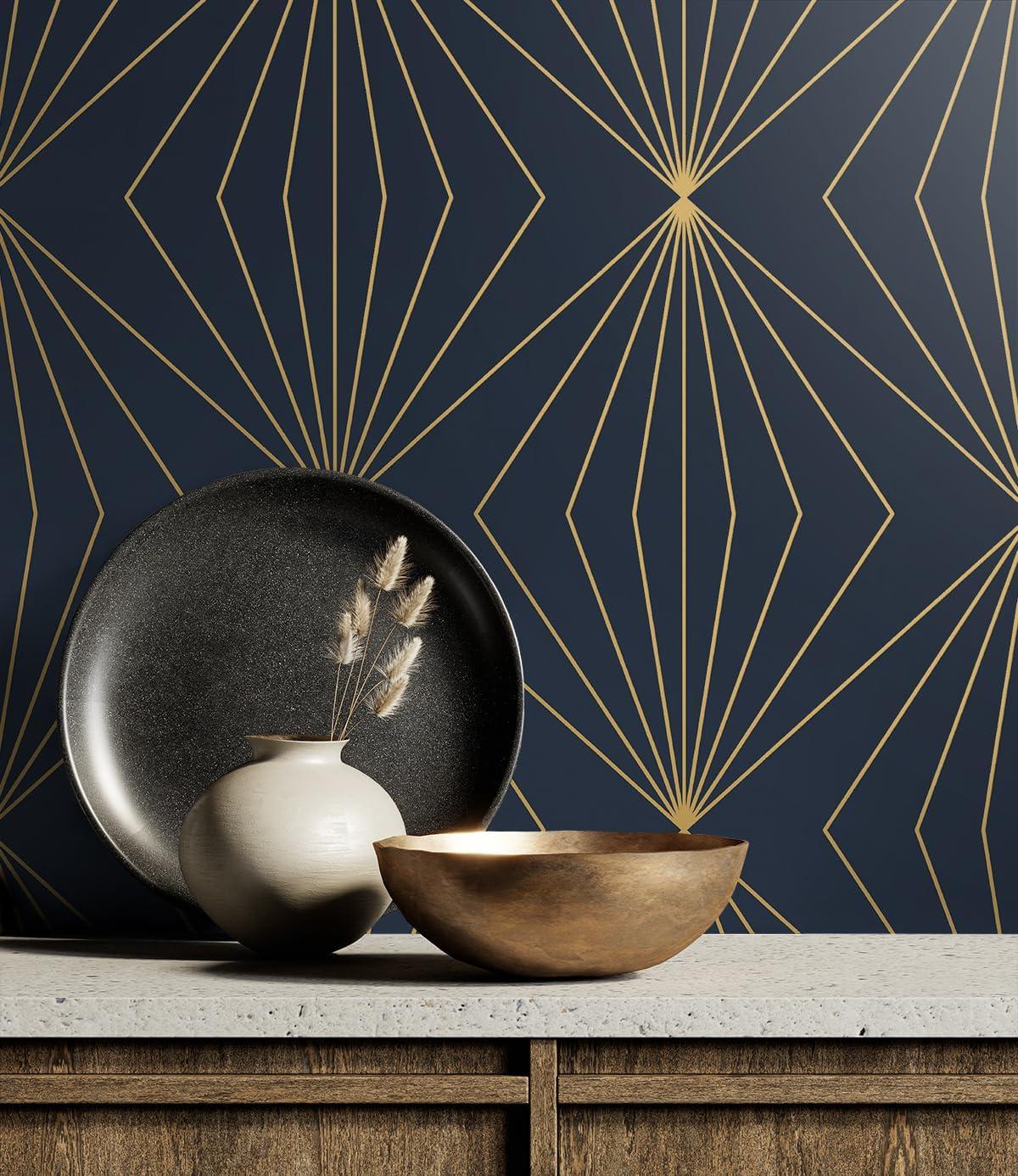 Dark Blue and Metallic Gold Geometric Peel and Stick Wallpaper