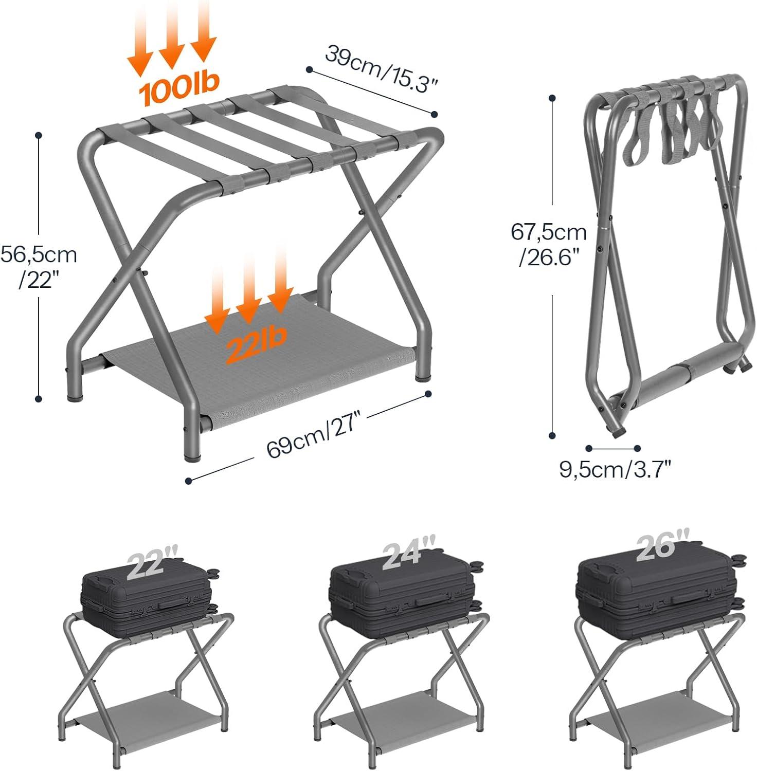 MEBROT Set Of 2, Foldable Suitcase Stands For Guest Room, Metal Luggage Holder With Storage Shelf For Bedroom, Hotel, Easy Assemble
