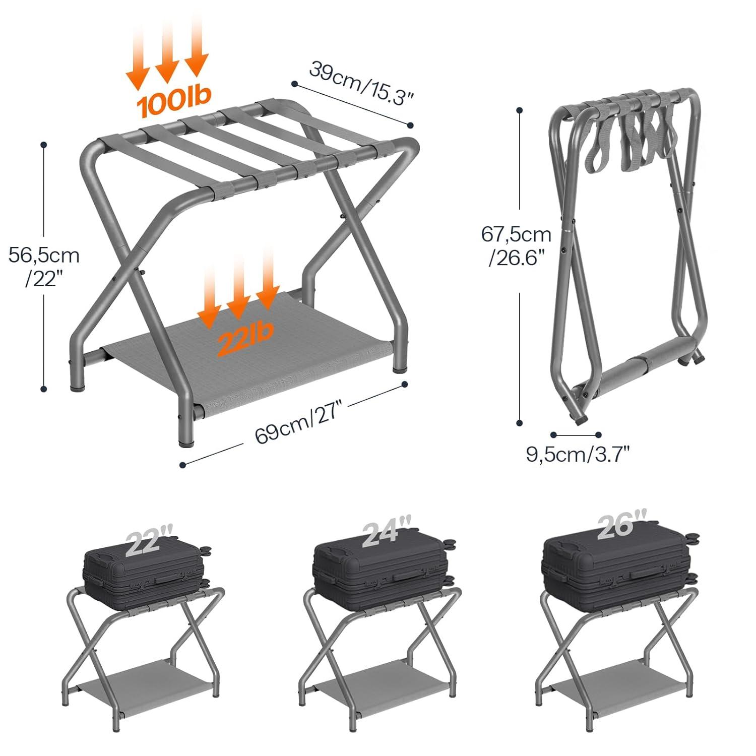 MEBROT Set Of 2, Foldable Suitcase Stands For Guest Room, Metal Luggage Holder With Storage Shelf For Bedroom, Hotel, Easy Assemble