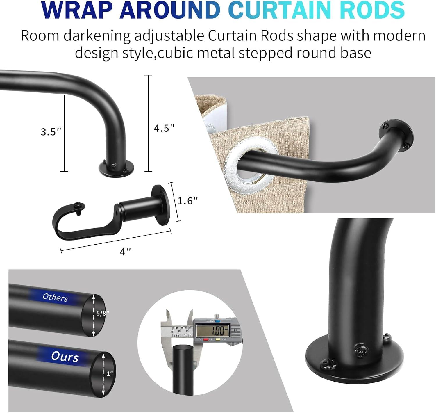 Energy-saving Wraparound Adjustable French Blackout Curtain Rod Set Matte Black 28"-48" Black Finish
