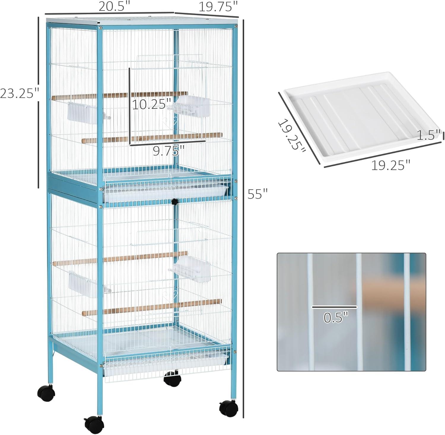 PawHut 55" 2 In 1 Bird Cage Aviary Parakeet House for finches, budgies with Wheels, Slide-out Trays, Wood Perch, Food Containers