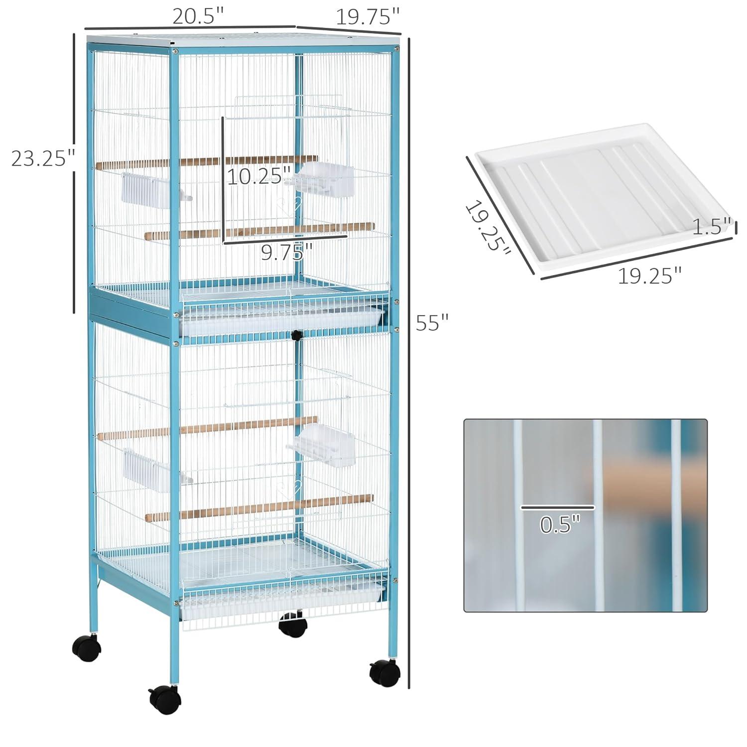 PawHut 55" 2 In 1 Bird Cage Aviary Parakeet House for finches, budgies with Wheels, Slide-out Trays, Wood Perch, Food Containers, Light Blue