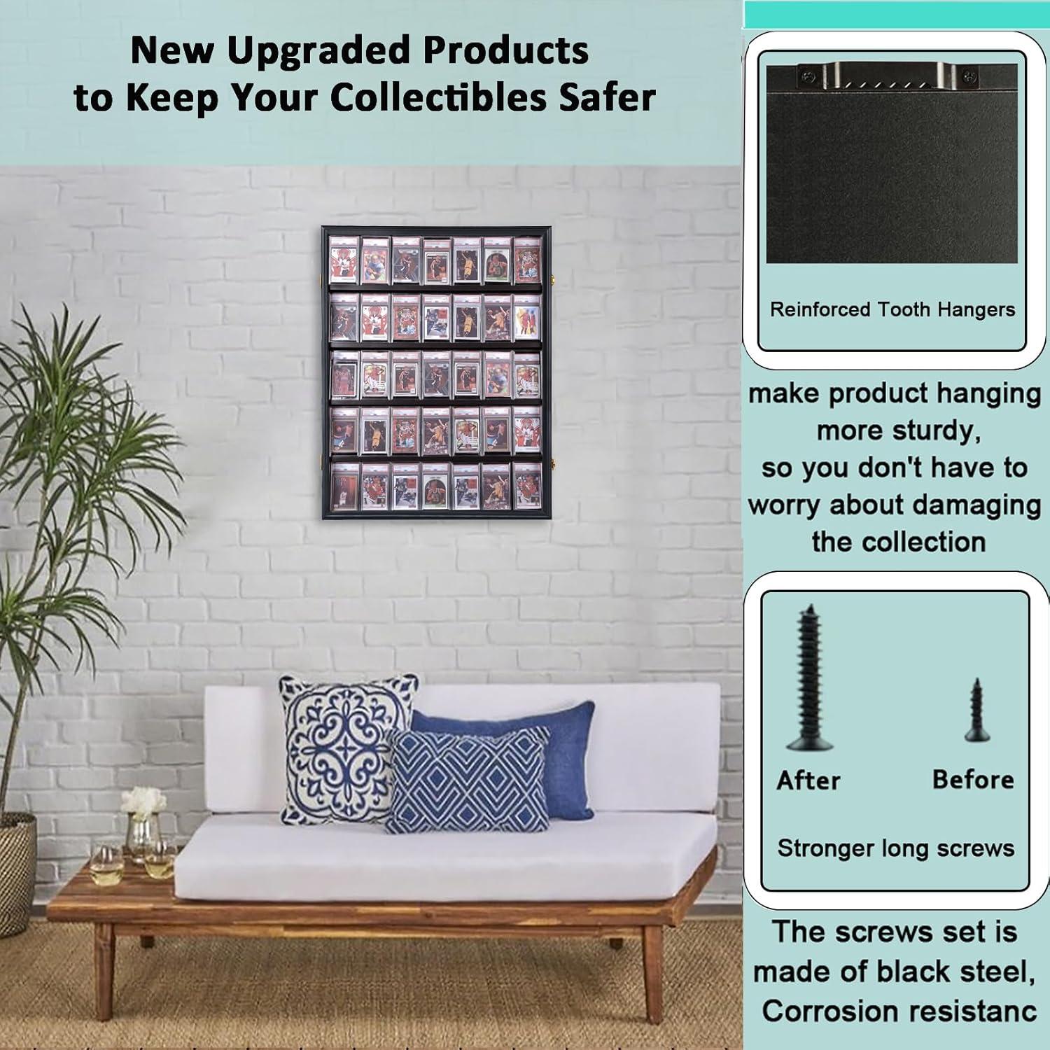 Estuche para Exhibición de Tarjetas Deportivas de 35 Grados: Marco de Exhibición de Tarjetas de Béisbol con Protección UV Gabinete de Pared con Cerradura Transparente para Tarjetas Coleccionables de Baloncesto Negro Vertical