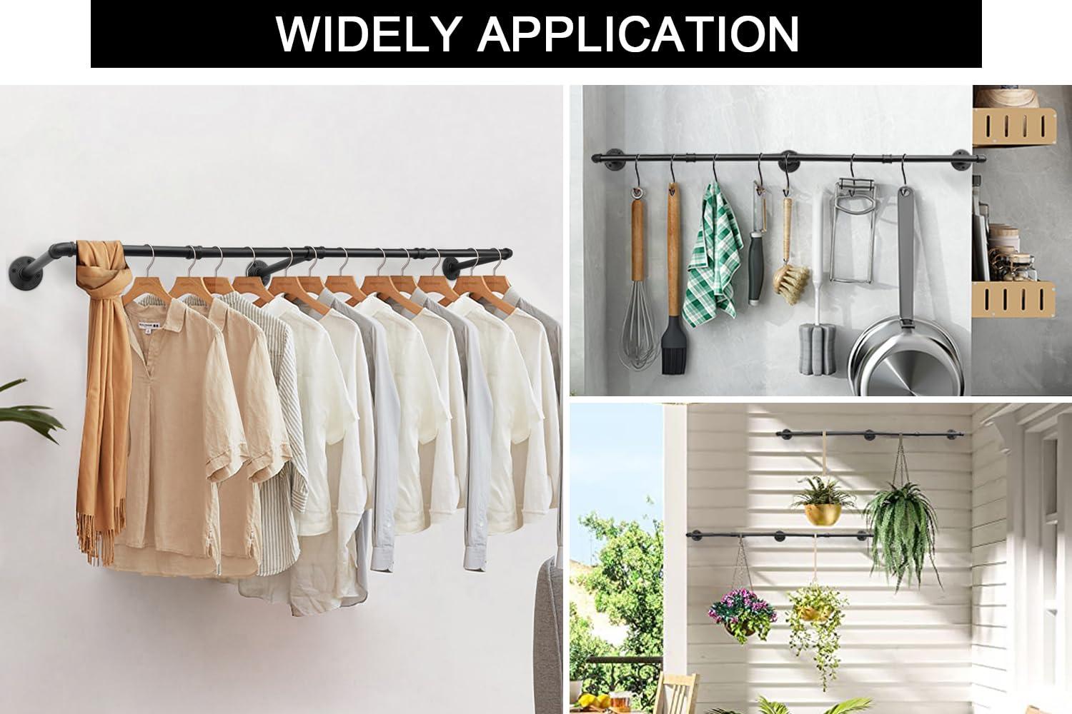 Livabber Industrial Pipe Clothes Rack, Heavy Duty Detachable Iron Garment Rack Wall Mounted, Rustic Saving Space Clothes Bar Multi-Purpose Hanging Rod for Bedroom, Closet, Black (60 Inch)