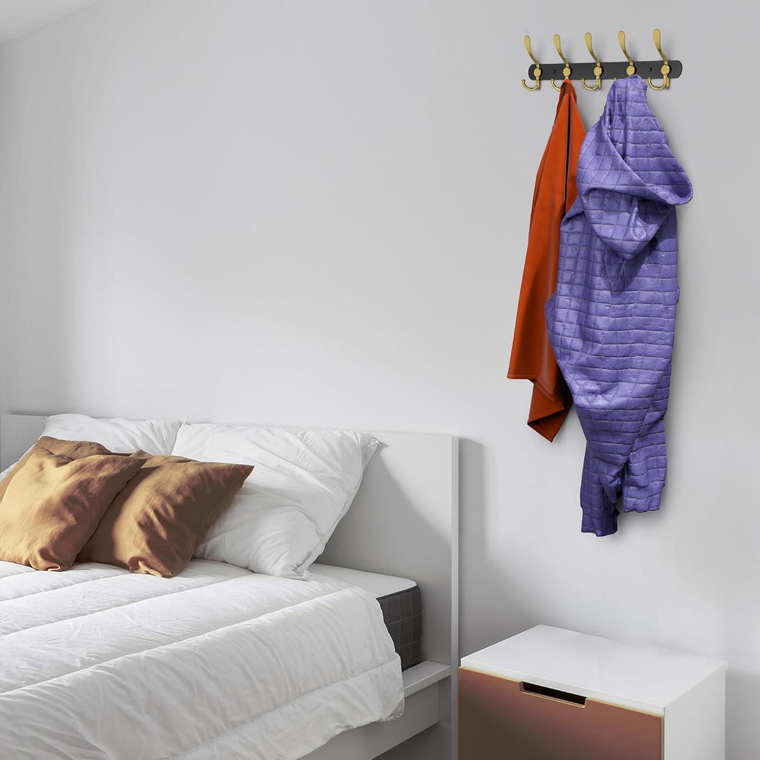 Black and Gold Coat Rack Wall Mounted - 16 Inch Heavy Duty Stainless Steel Matte Finish Wall Hook Rack - 5 Tri Coat Hooks for Hanging Towels, Bags, Hat - Bathroom Entryway - 2 Pack