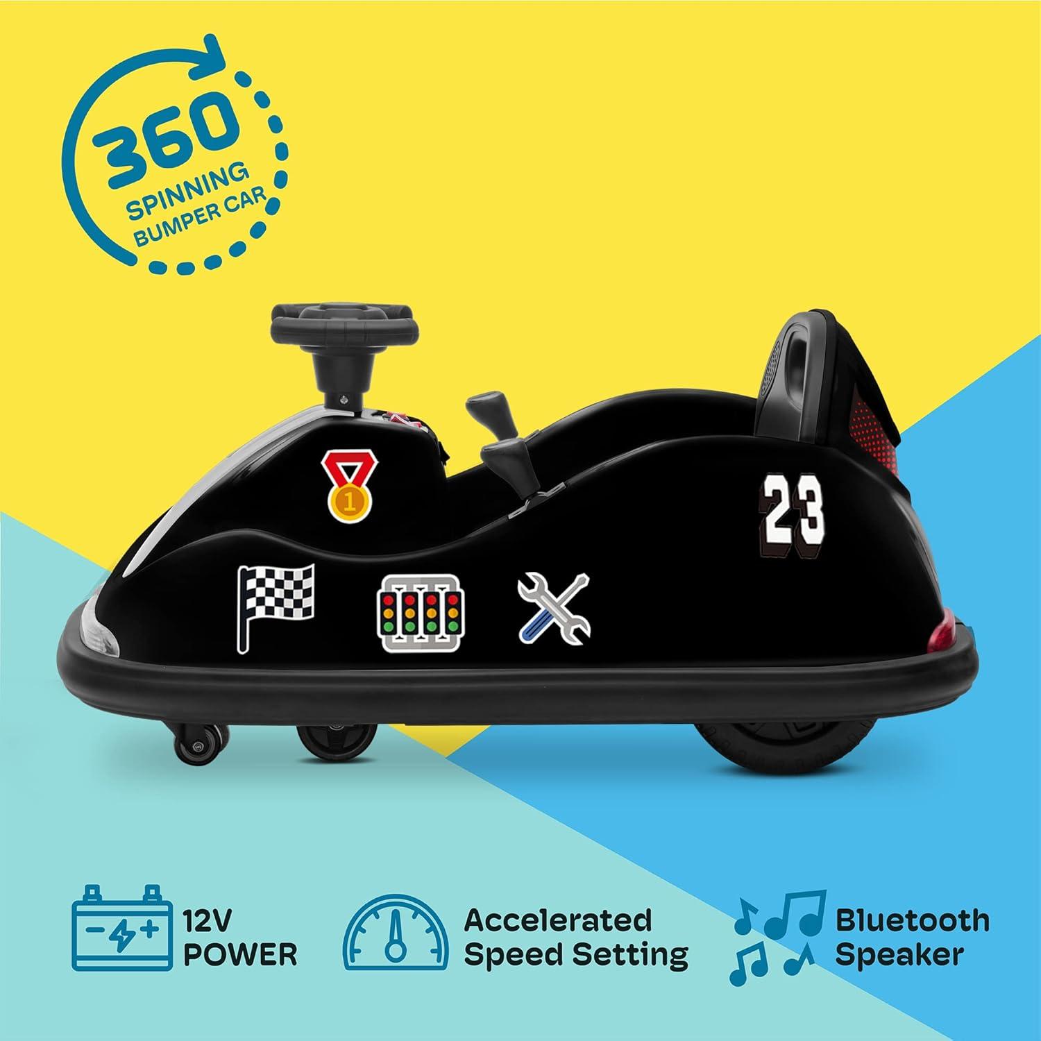 Kidzone Twin-Motor 12V Kids Toy Electric Ride On Bumper Car Vehicle Remote Control Bluetooth Music 360 Spin ASTM-Certified DIY Sticker Race #00-99, Black