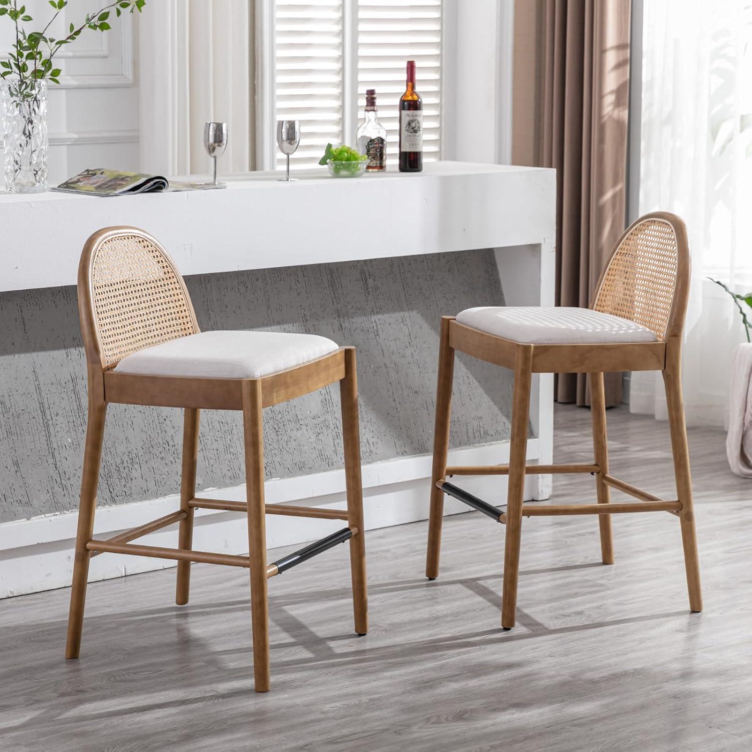 Bayou Breeze Emington Modern Stools with Rattan Backrests and Wood Frame (Set of 2)