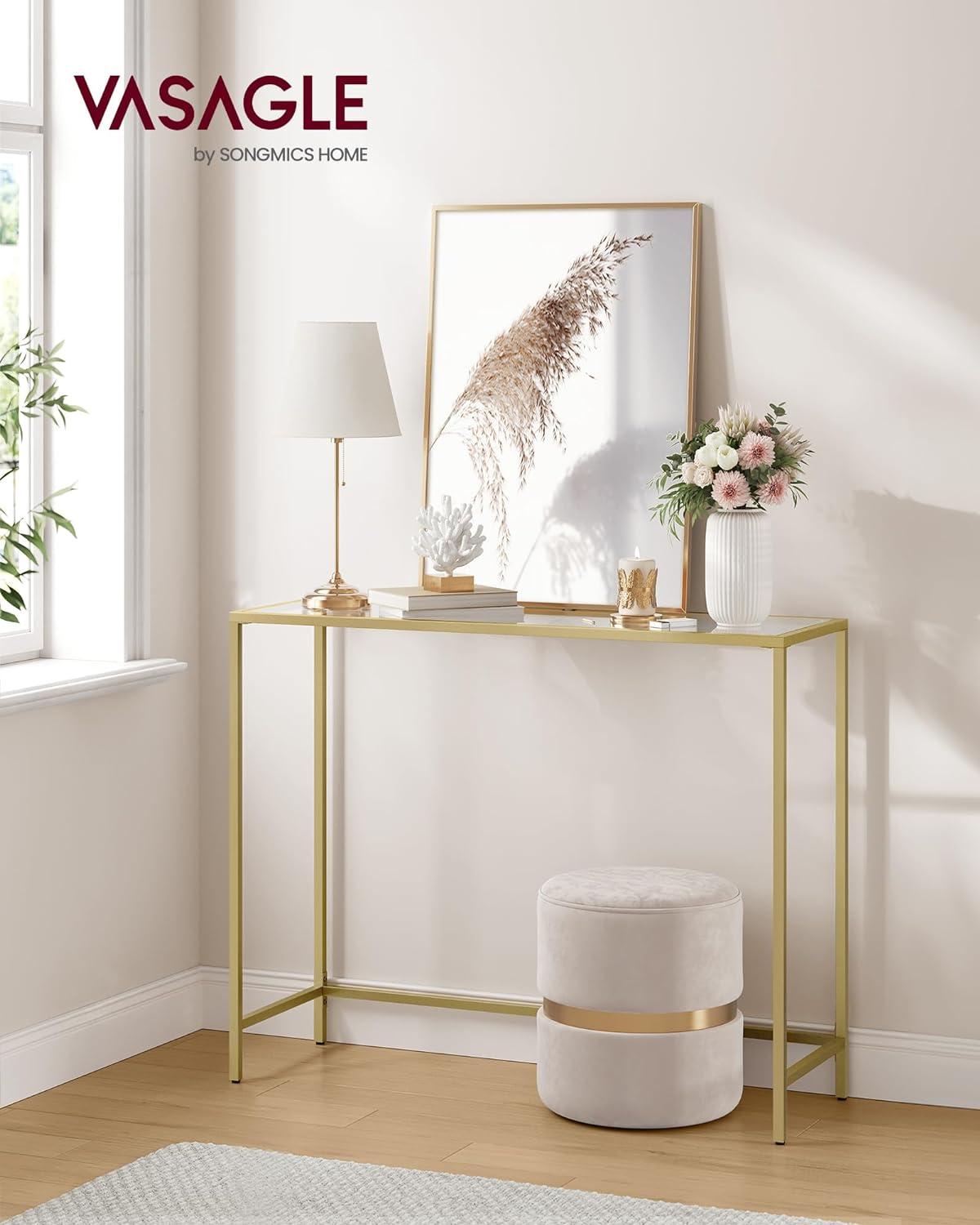 VASAGLE Console Sofa Table, Modern Entryway Table, Tempered Glass Table, Metal Frame 13.8 x 39.4 x 31.5 inches Gold