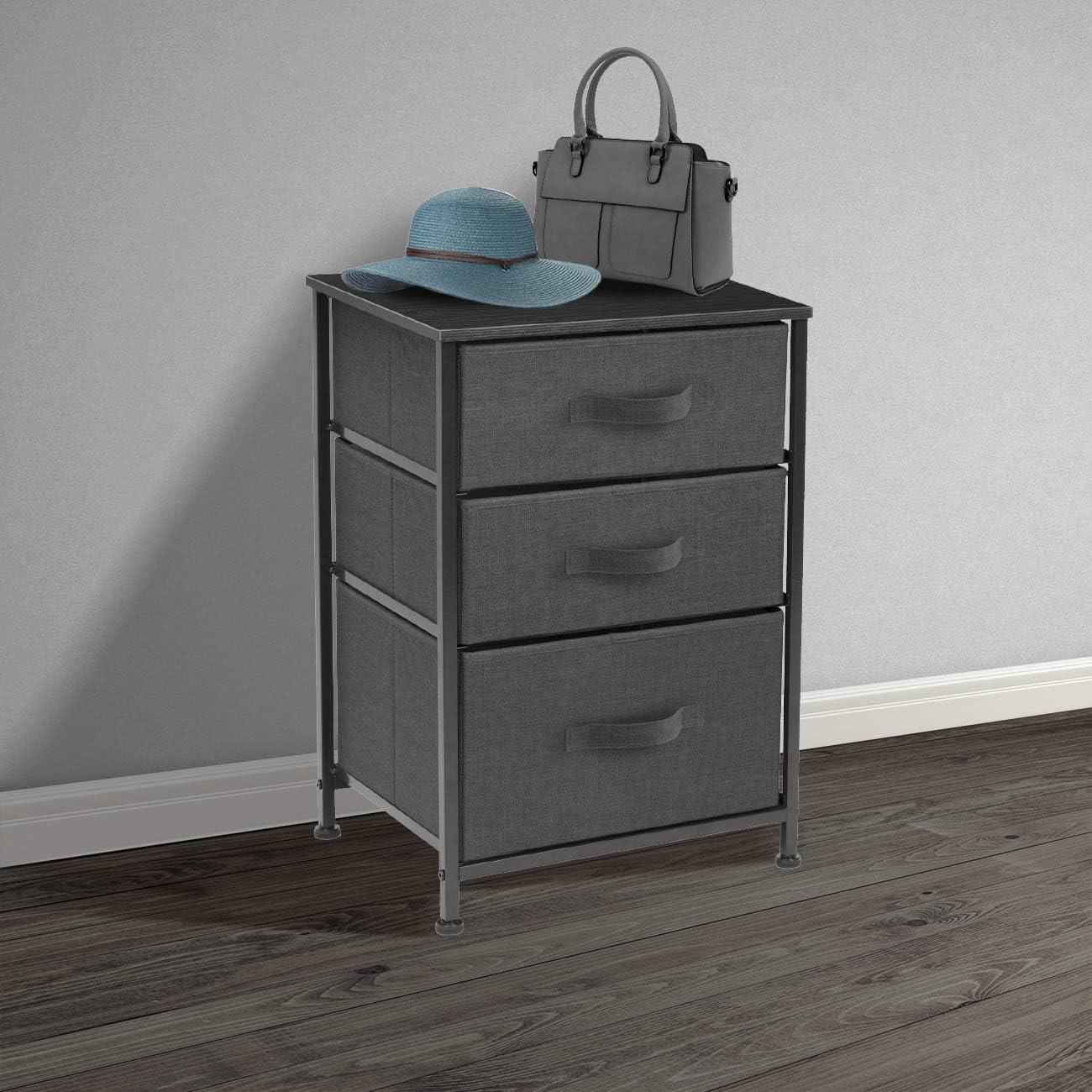 Compact Black 3-Drawer Nightstand with Steel Frame and Wood Top