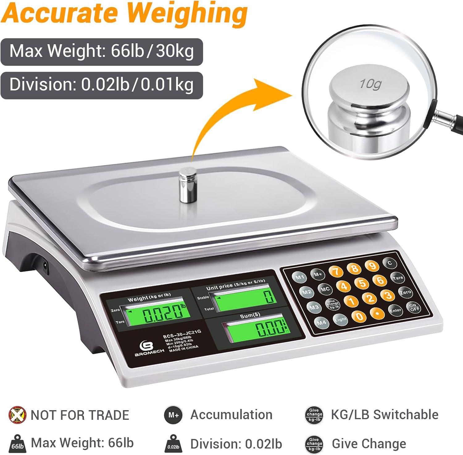 Bromech Price Computing Scale 66lb Digital Commercial Food Meat Produce Weighing Scale with Green Backlight LCD for Farmers Market Retail Outlets Dry Battery Powered