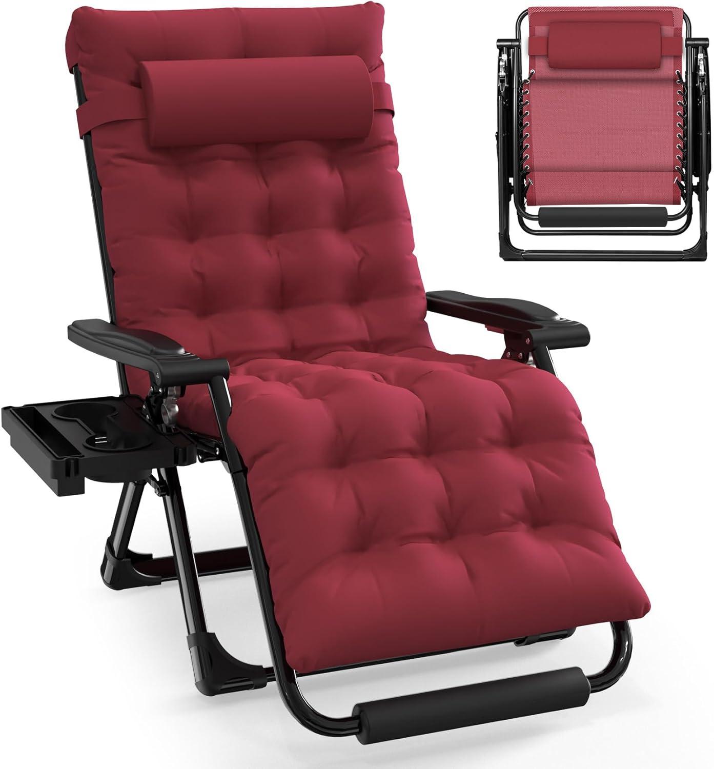 Wine Red Padded Zero Gravity Outdoor Lounger with Cup Holder