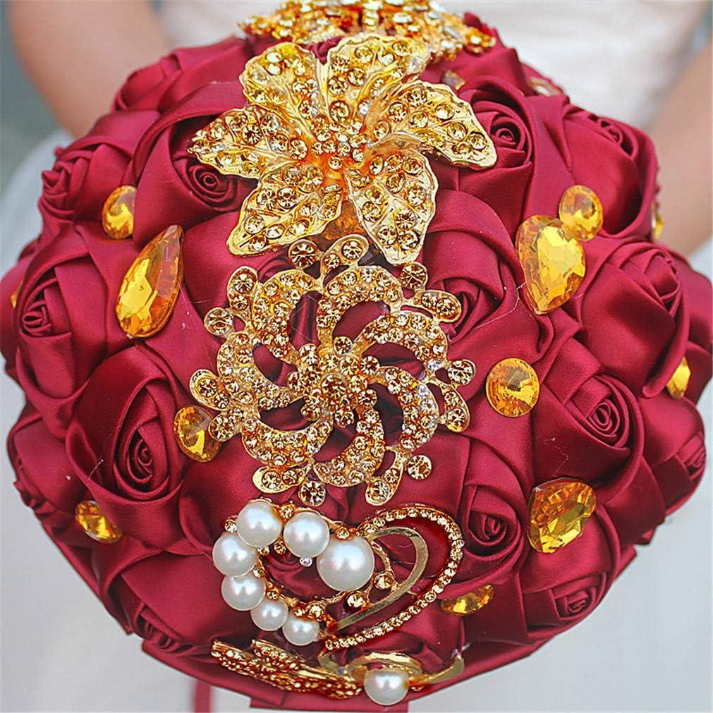 Customization Satin Rose Wedding Bouquet Gold Brooch Crystal Rhinestone Bride Bouquet Wedding Flowers, Burgundy