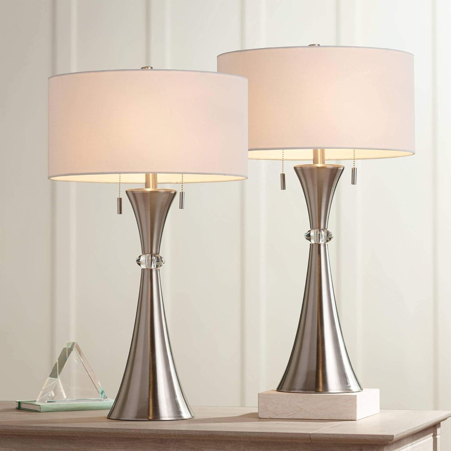 Rachel 28" Silver Metal Concave Column Table Lamps with White Drum Shades, Set of 2