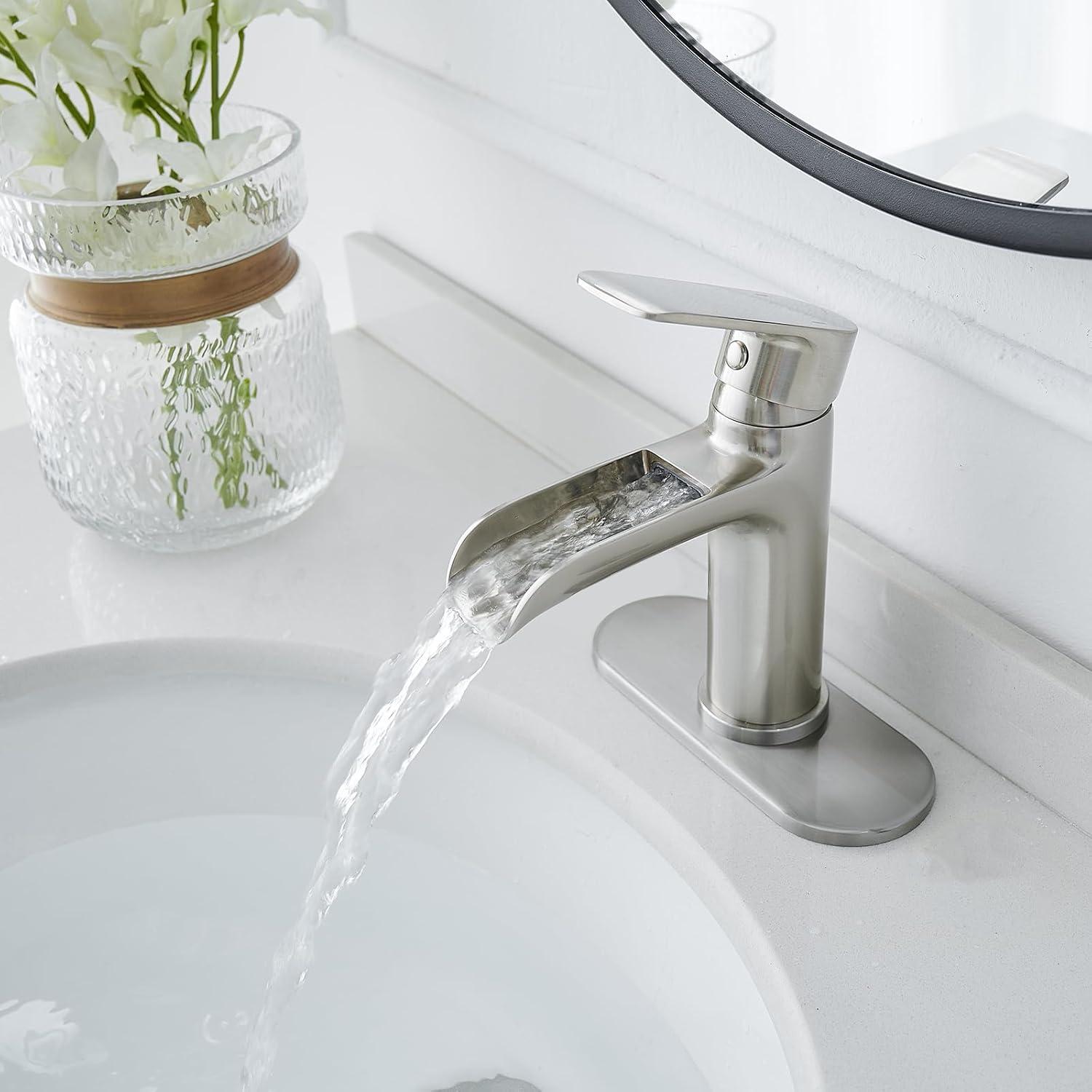 Brushed Nickel Single Handle Waterfall Bathroom Faucet with Pop-Up Drain