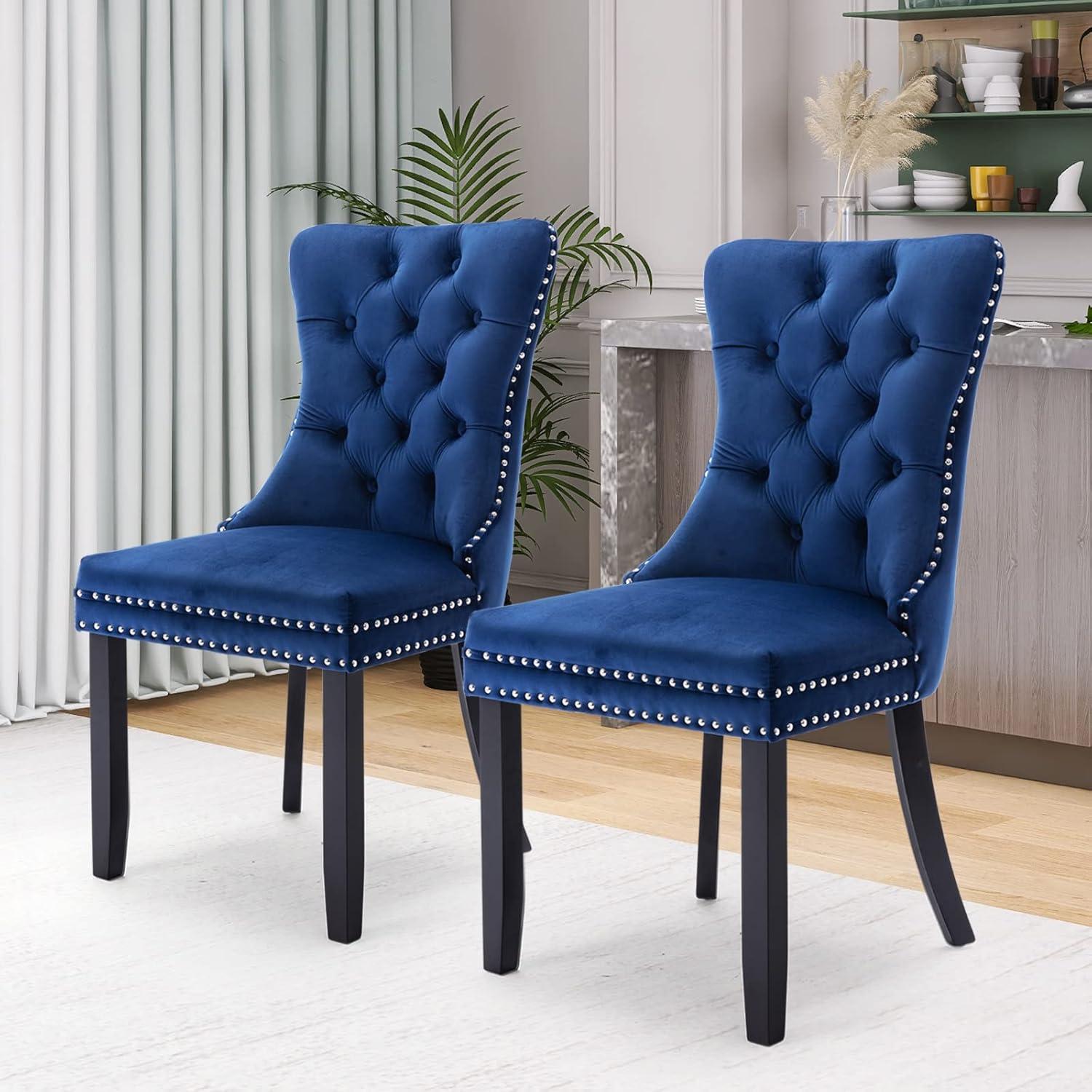 ODUSE-DAILY Velvet Dining Chairs Set of 2, Navy Kitchen & Dining Room Chairs, Tufted Dining Chairs, Fabric Upholstered, Solid Wood, Sillas De Comedor (Blue, 2 Pcs)