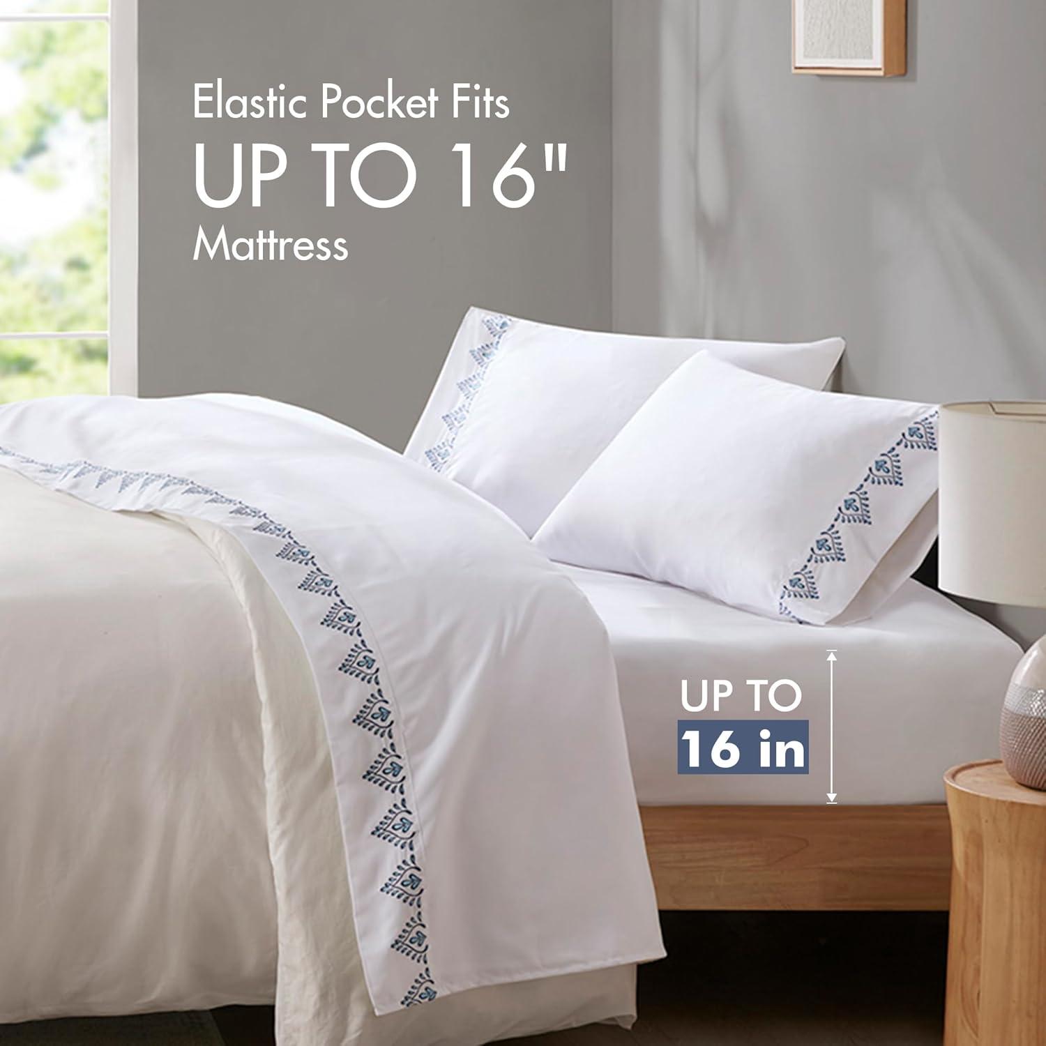 Madison Park Full Blue Blossom Embroidered Microfiber Sheet Set