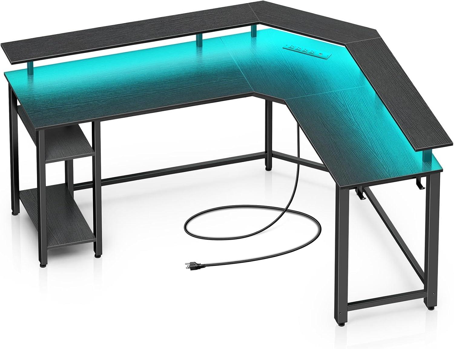 Black L-Shaped Gaming Desk with LED Lights and Storage