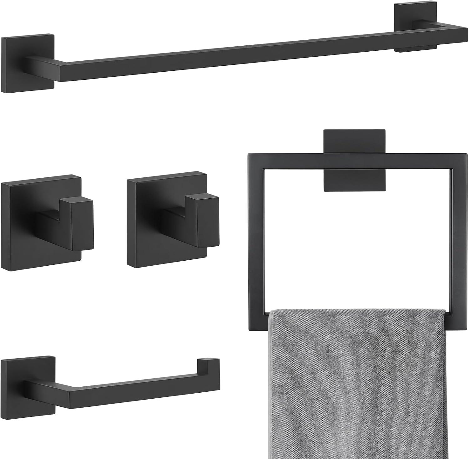 Black Towel Bar Set 5-Piece Bathroom Hardware Set,Square SUS304 Stainless Steel - 23.6 Inch Wall Mounted Towel Rack,Toilet Paper Holder,Towel Ring and Towel Hook