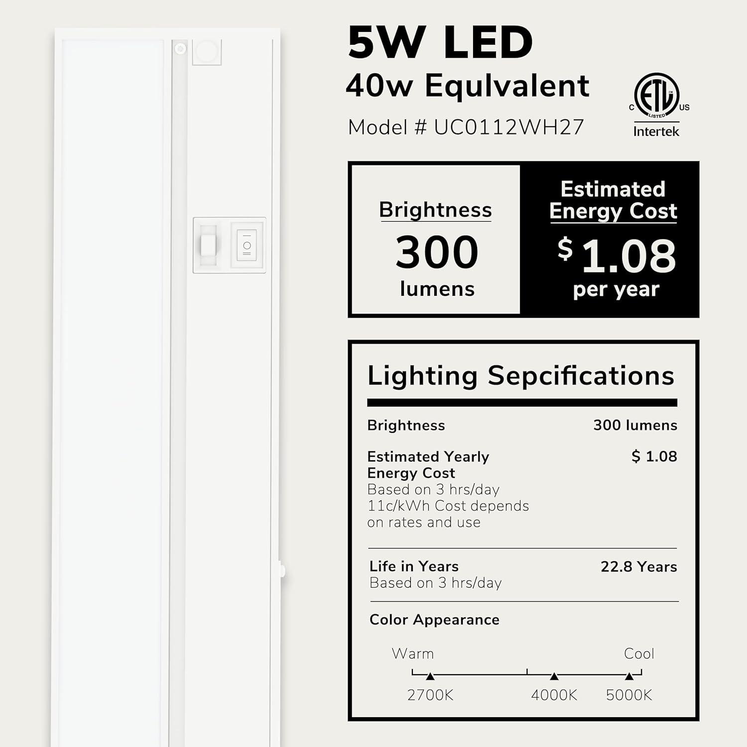 LAGOM 12" Direct Wire Dimmable LED Under Cabinet Lights, Selectable 2700K/4000K/5000K