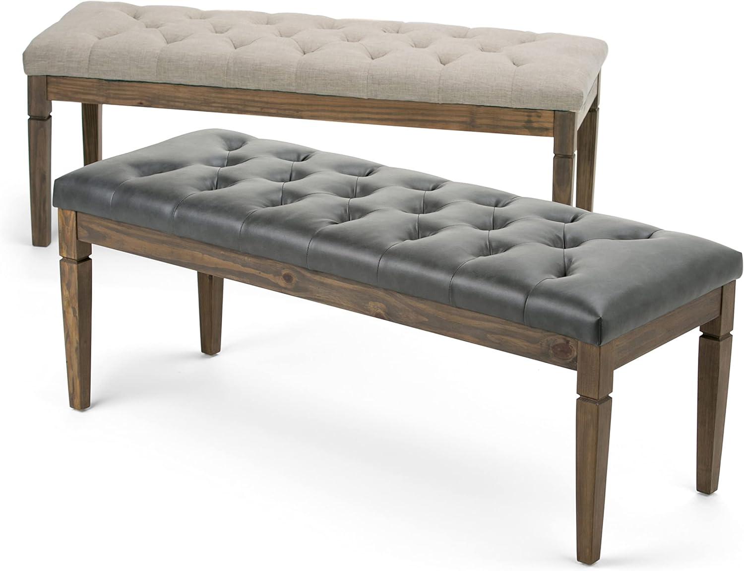 Elegant Natural Linen Tufted Pine Wood Rectangular Bench Ottoman