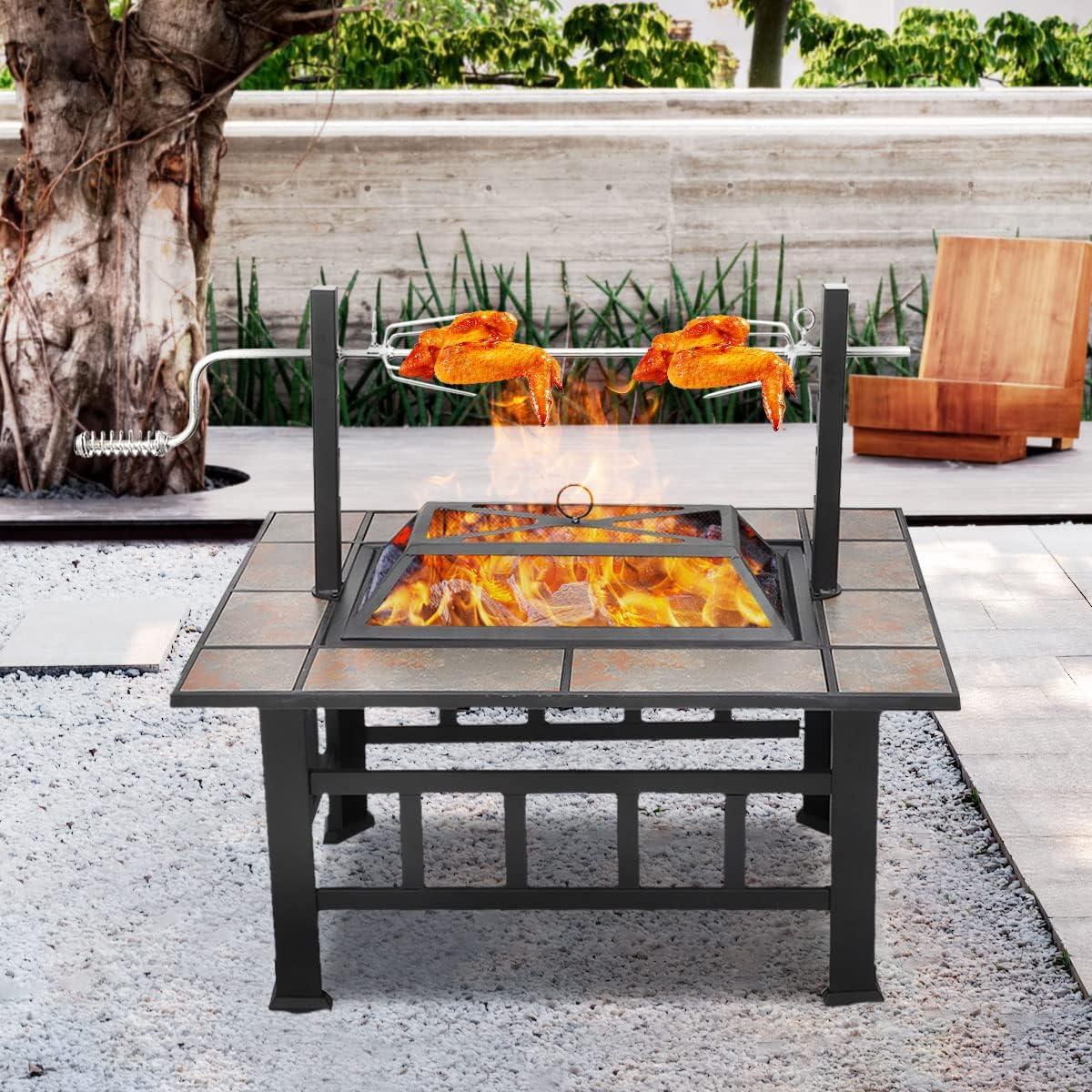 SINGLYFIRE 37 Inch Large Fire Pit with Ceramic Table & BBQ Grill for Backyard Garden