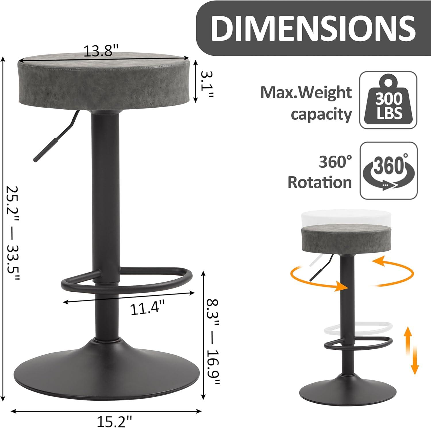 Adjustable Gray Leather and Metal Swivel Bar Stools