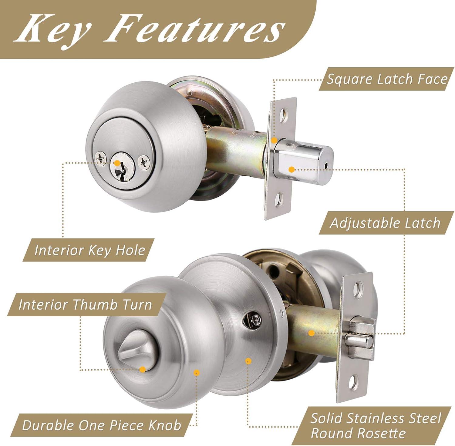 Brushed Nickel Round Stainless Steel Entry Knob and Deadbolt Set