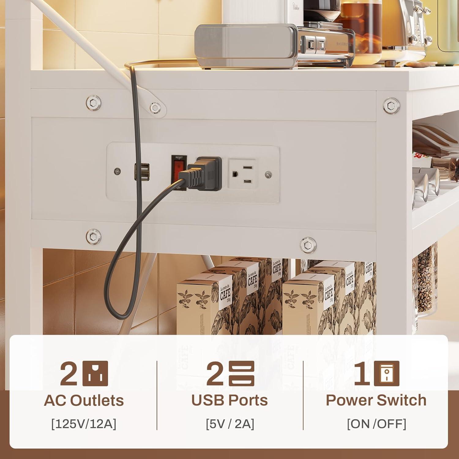 6-Tier Bakers Rack with Storage and Power Outlet, Coffee Bar Microwave Stand with Wine Rack, LED Lights, White