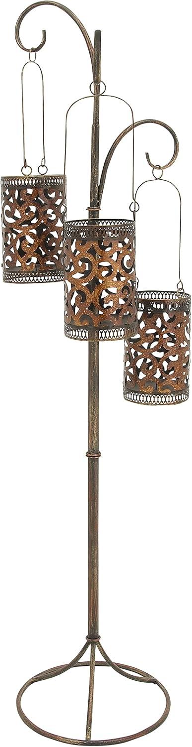 DecMode 3 Holder Brass Metal Scroll Perforated Moroccan Standing Floor Candle Lantern with 3 Suspended Holders