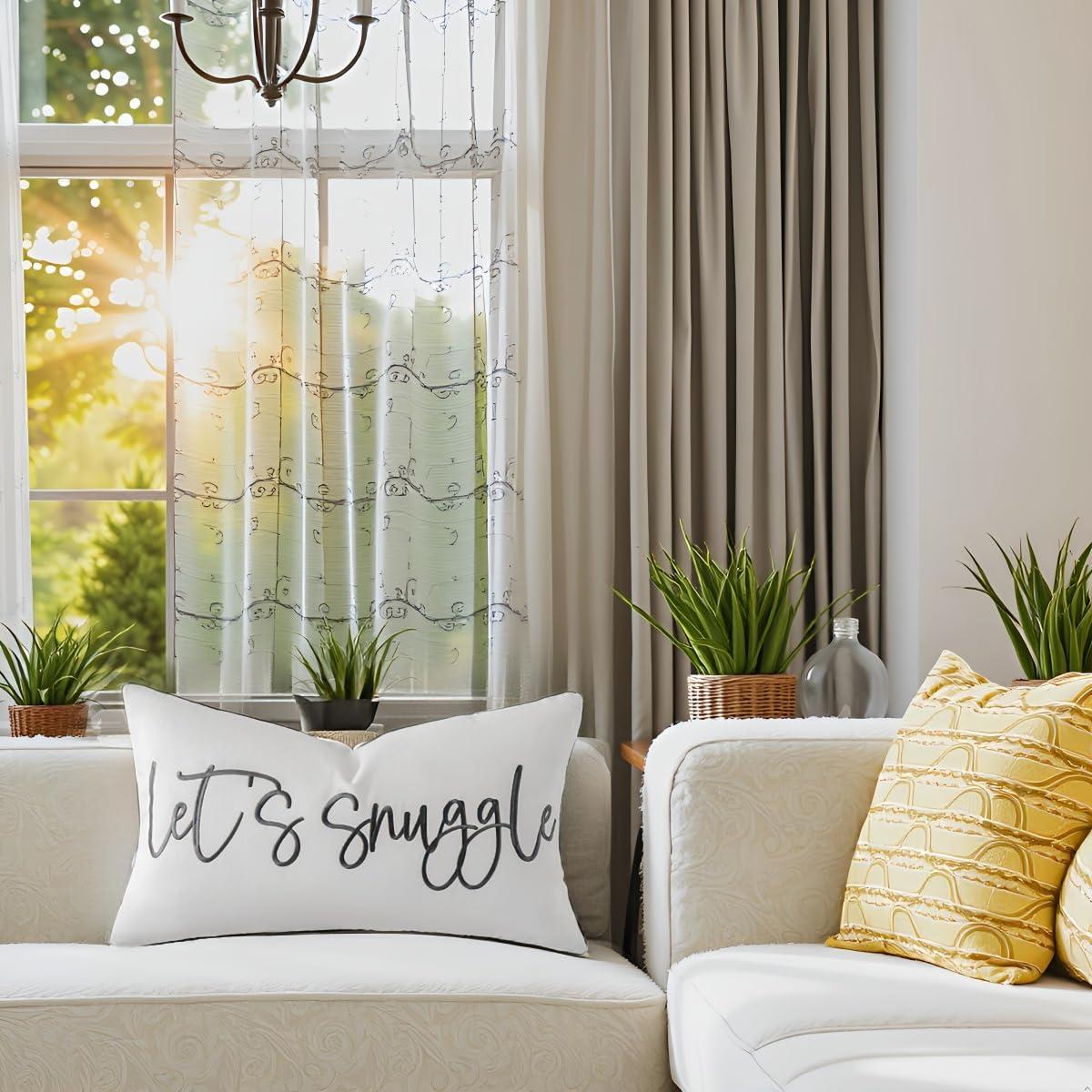 Sunkifover Let's Snuggle Decorative Lumbar Pillow Cover - 12x20 Inch White and Grey Cotton Embroidery Throw Pillowcase for Bed, Bedroom, Living Room, Home Decor