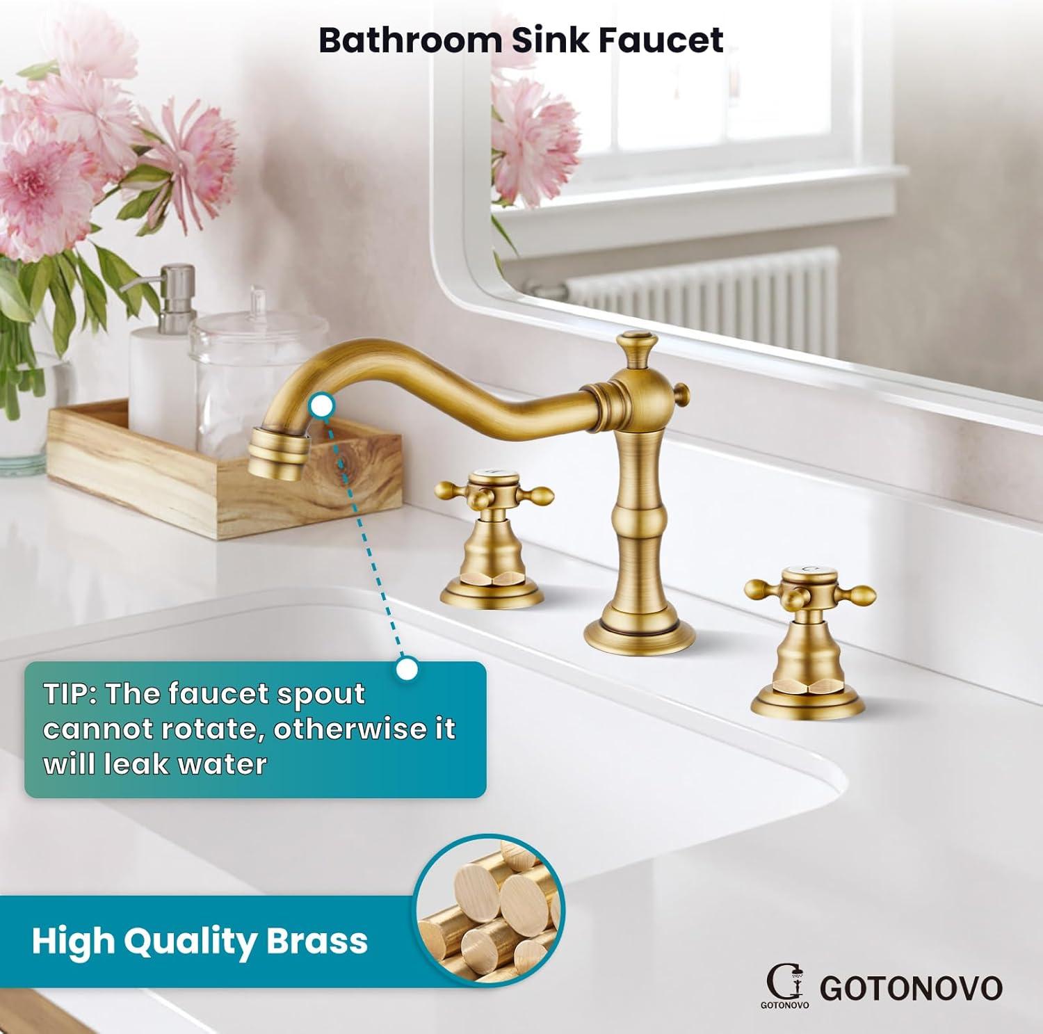 gotonovo Bathroom Faucet 3 Hole 8 Inch Widespread Bathroom Sink Faucet 2 Cross Handles Vintage Lavatory Vanity Mixer Tap with Pop Up Drain, H C Label, Antique Brass