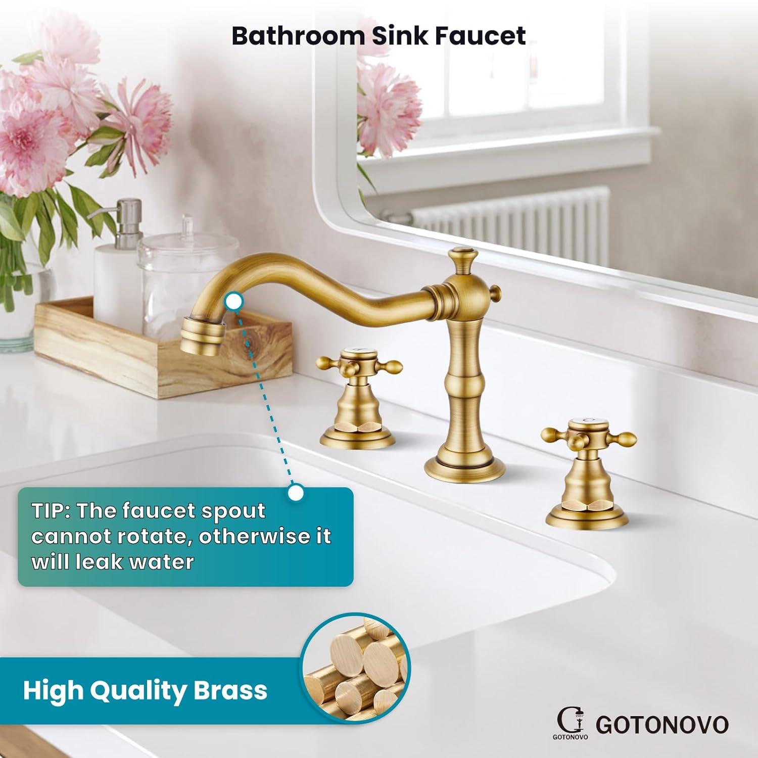 gotonovo Bathroom Faucet 3 Hole 8 Inch Widespread Bathroom Sink Faucet 2 Cross Handles Vintage Lavatory Vanity Mixer Tap with Pop Up Drain, H C Label, Antique Brass
