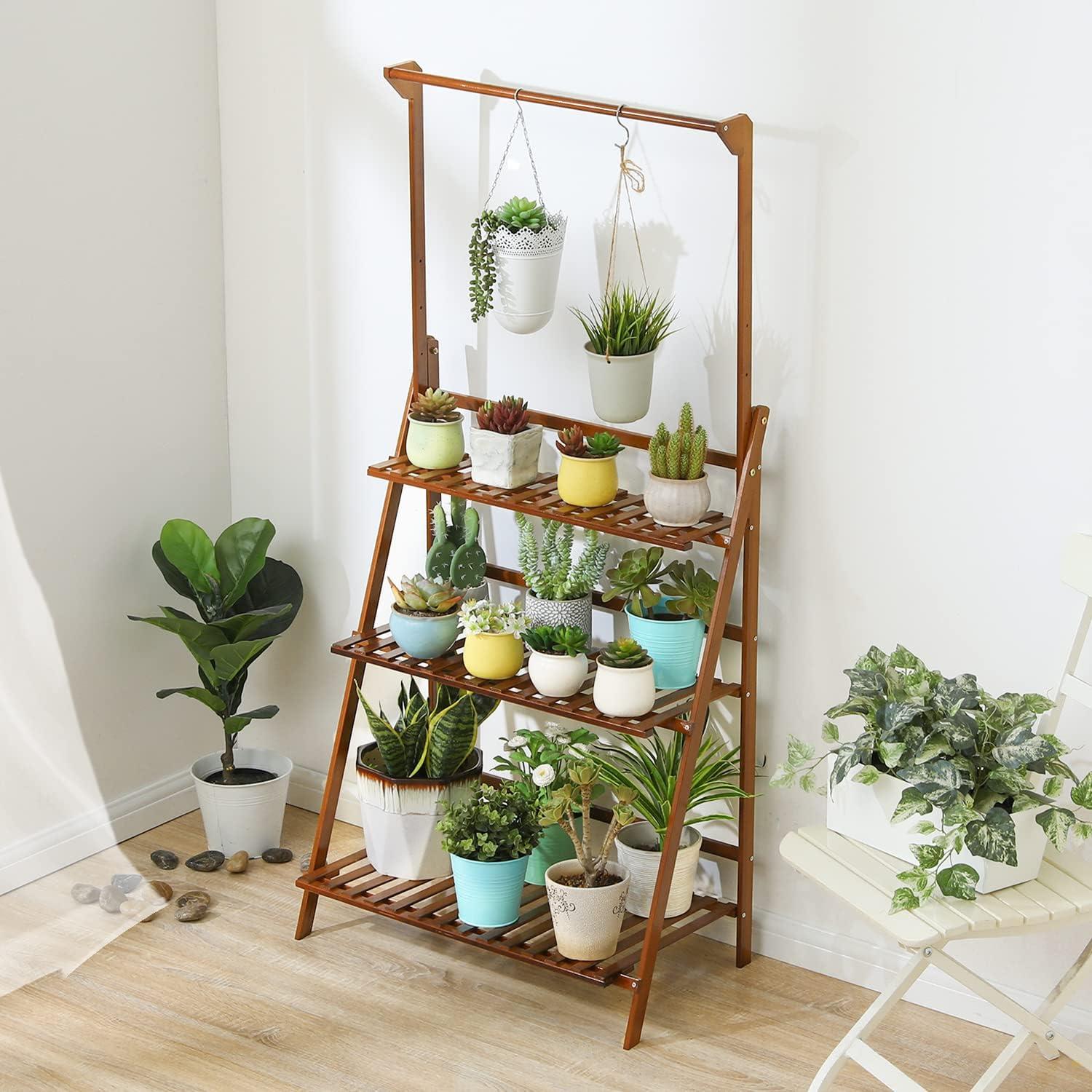 MoNiBloom Bamboo 3 Tier Plant Stand Triangular Flower Pot Holder With Hanging Basket