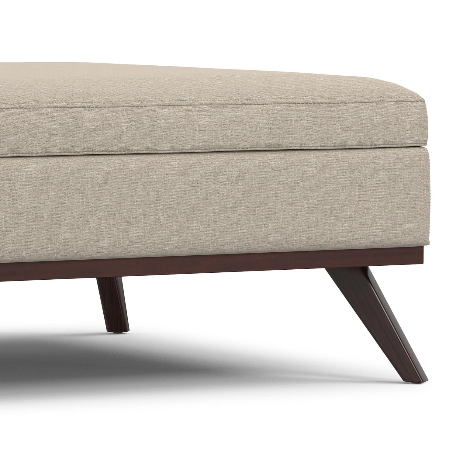 Simpli Home Owen 34"W Upholstered Coffee Table Storage Ottoman with Lift Top and Solid Wood Legs