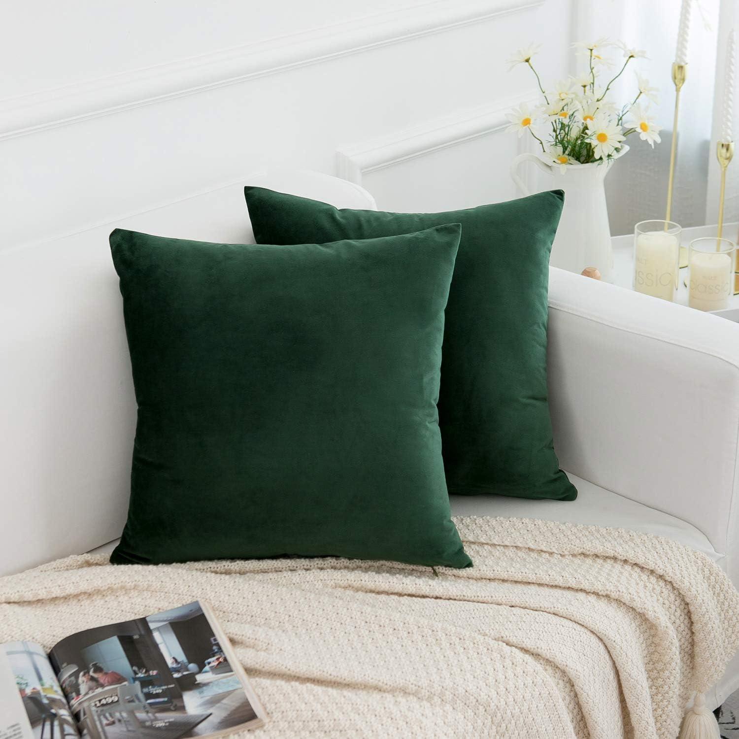 Dark Green Velvet Throw Pillow Covers 18" x 18", Set of 2