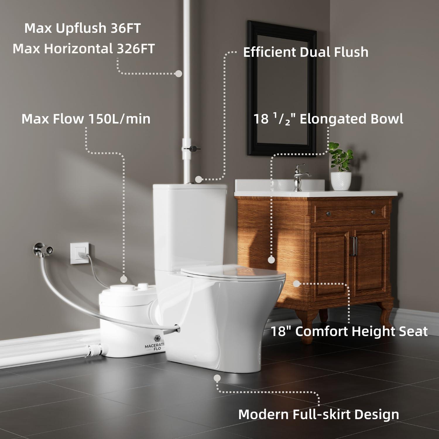 MaceratingFlo ARES 750W Upflush Toilet System, Elongated Bowl & 18" Comfort Height, 4-Inlet Ideal for Basements, Quiet & Efficient Macerator Pump Up to 36 Feet, Easy Installation