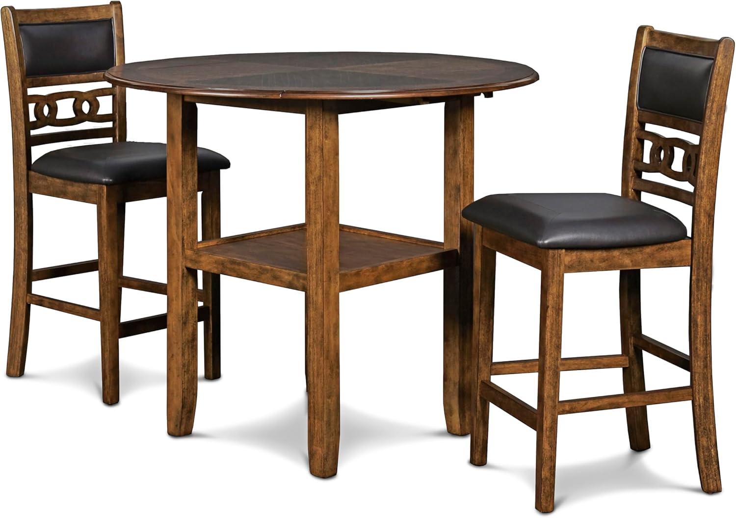 Brown Rubberwood Drop Leaf Counter Table Set with Black Upholstered Chairs