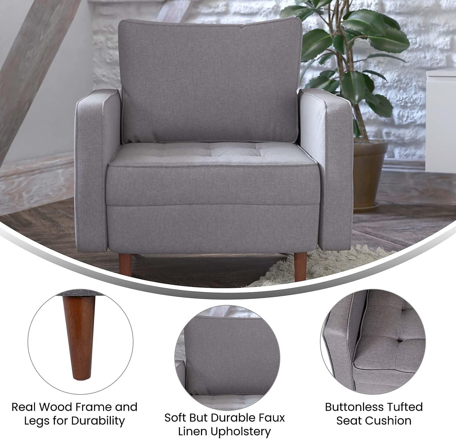 Flash Furniture Hudson Mid-Century Modern Commercial Grade Armchair with Tufted Faux Linen Upholstery & Solid Wood Legs in Slate Gray