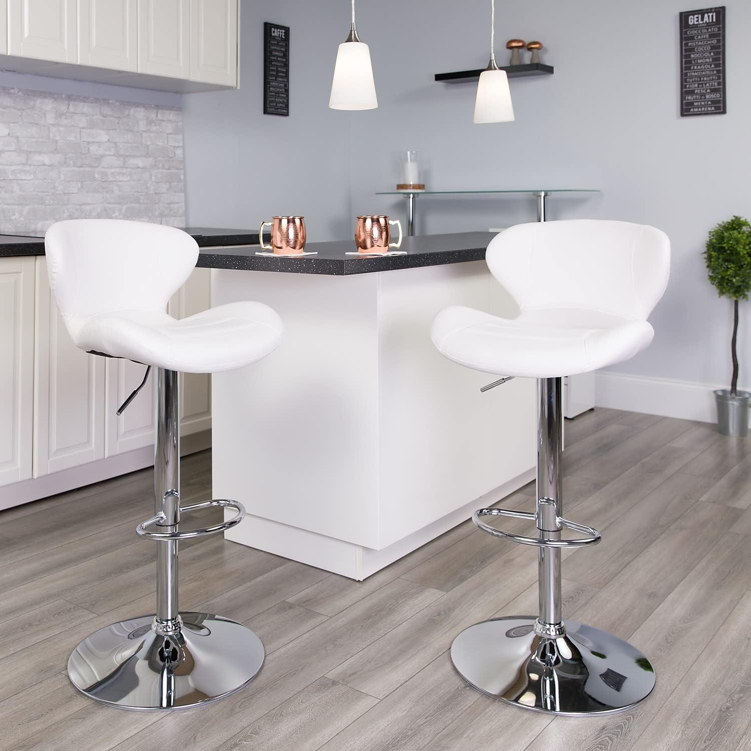 Flash Furniture Contemporary White Vinyl Adjustable Height Barstool with Curved Back and Chrome Base