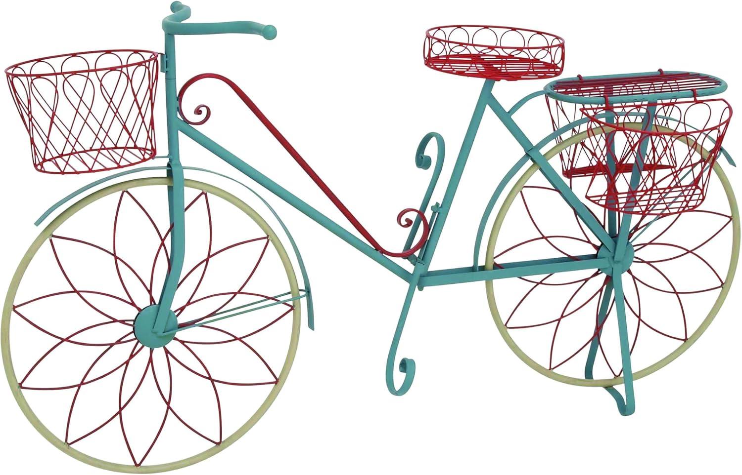 DecMode Vintage Turquoise/Red 3 Tier Bicycle Inspired Metal Plantstand, 54"W x 32"H