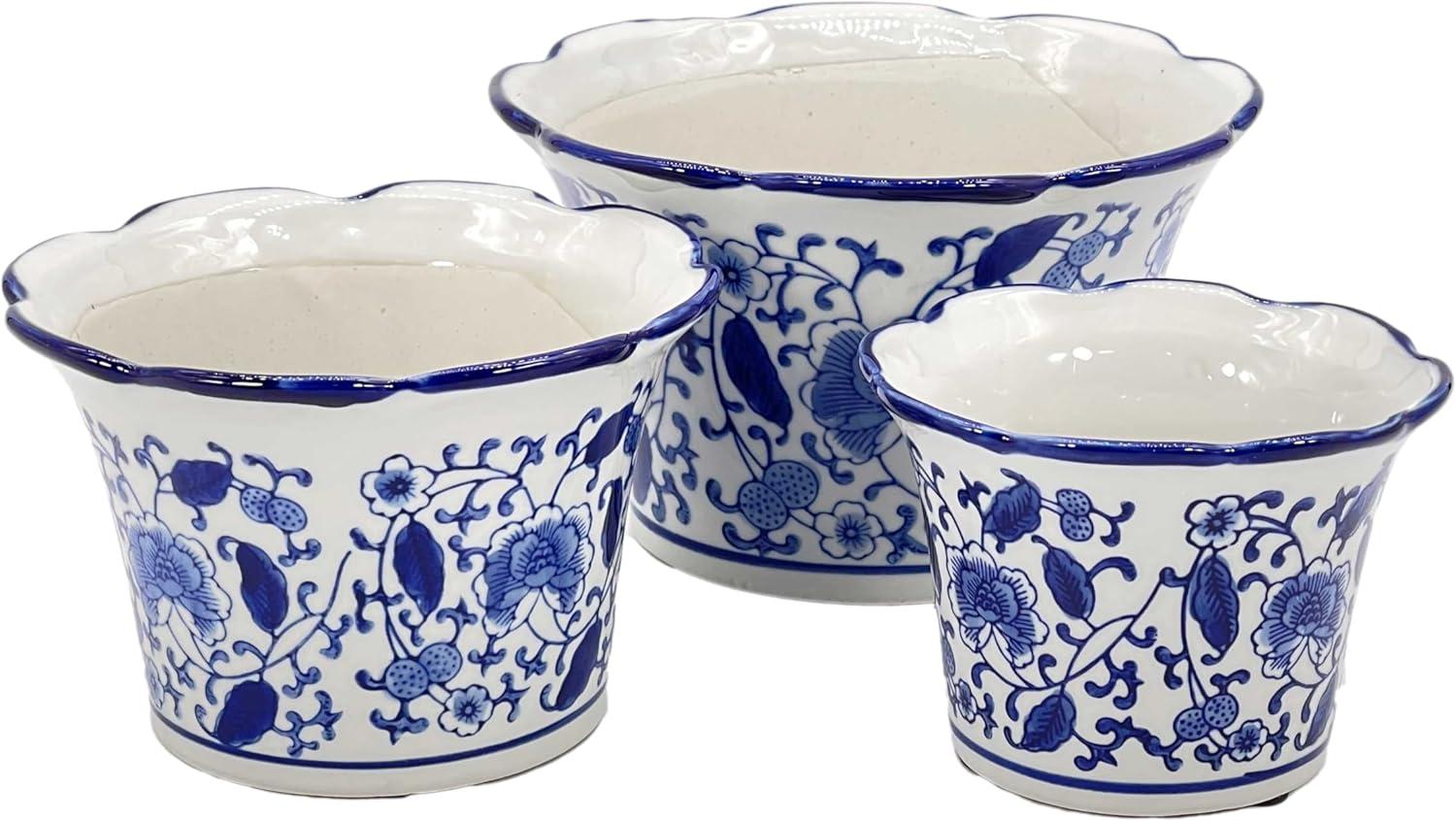 Set of 3 Blue & White Floral Ceramic Pots Ruffled Lip