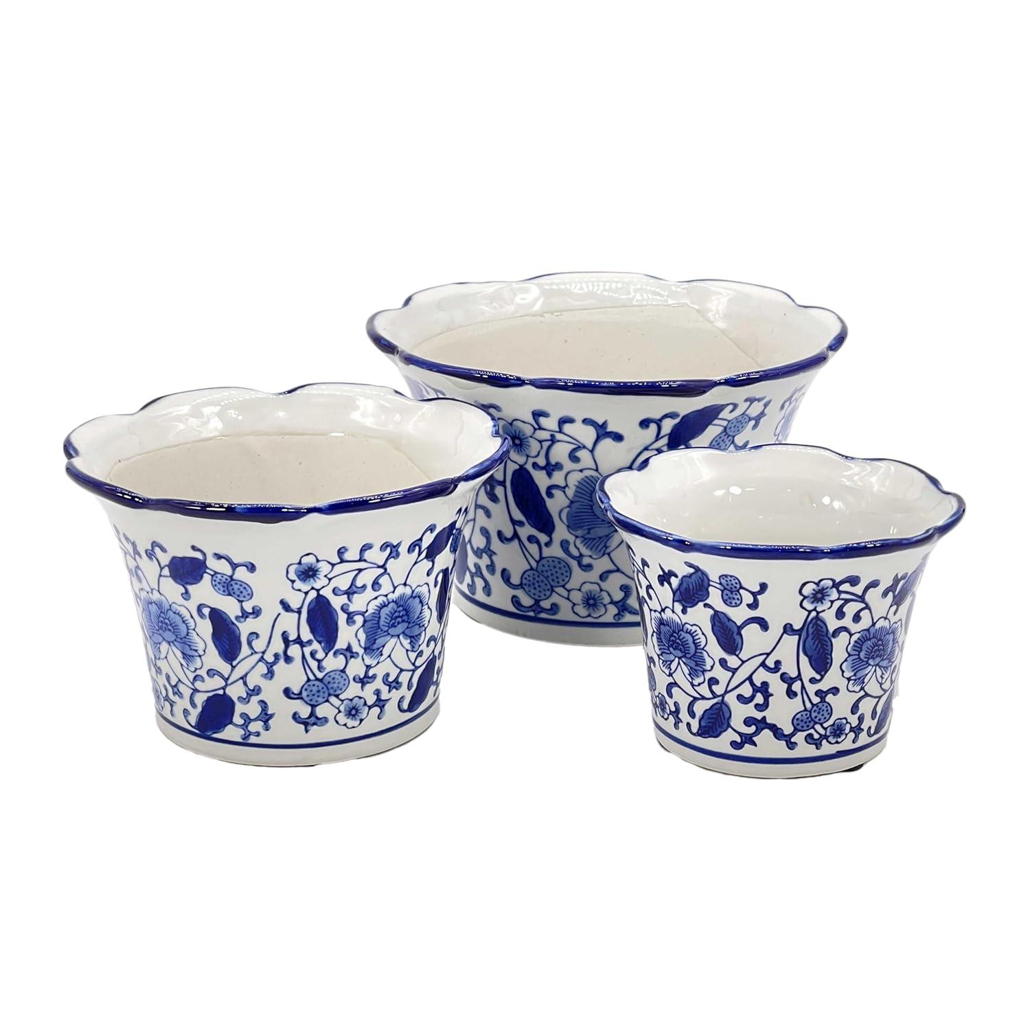 Galt International Blue & White Floral Porcelain Ceramic Decorative Flower Pot 8"/6"/4.5" Garden Pots Chinese Asian Design - Set of 3 Cylinder Fluted Edge