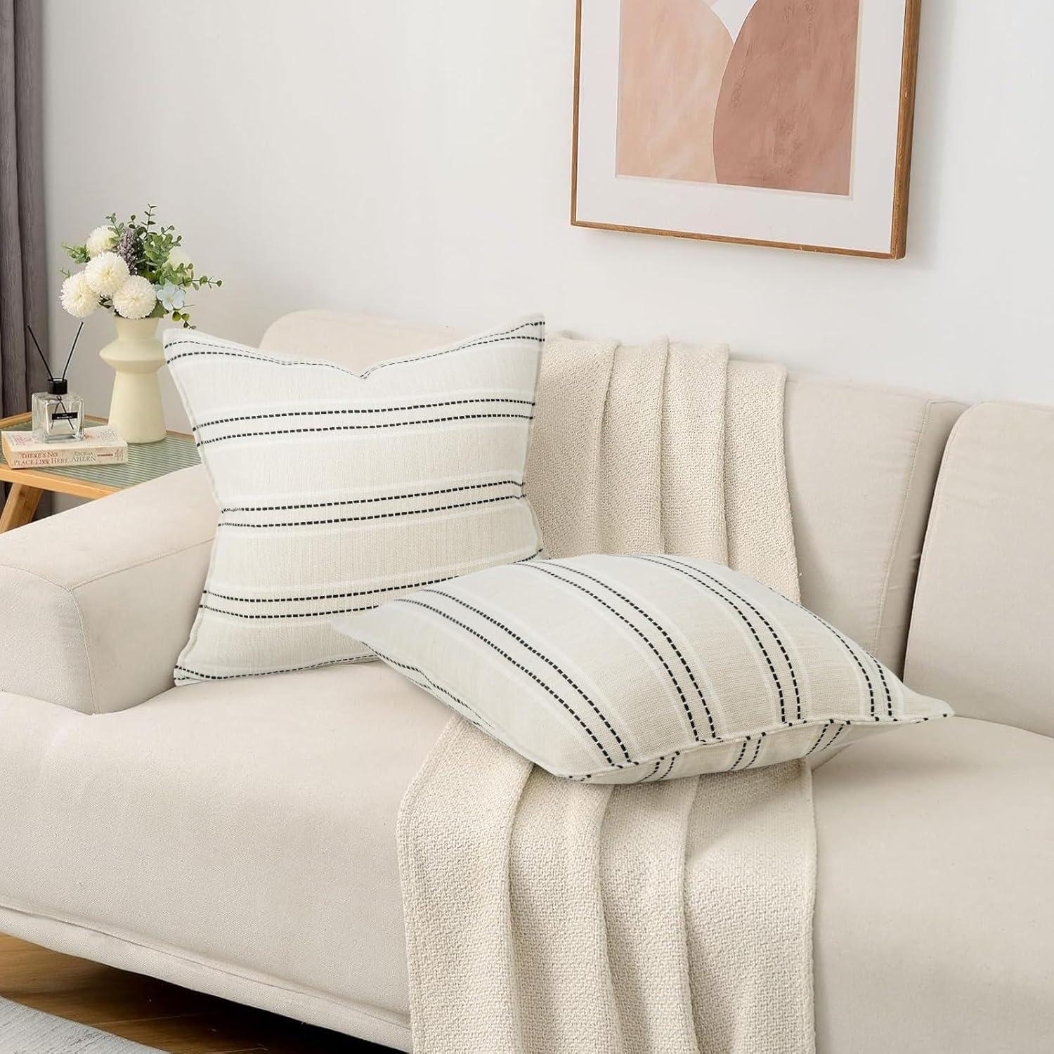 Beige and Navy Blue Farmhouse Stripe 18" Pillow Covers Set