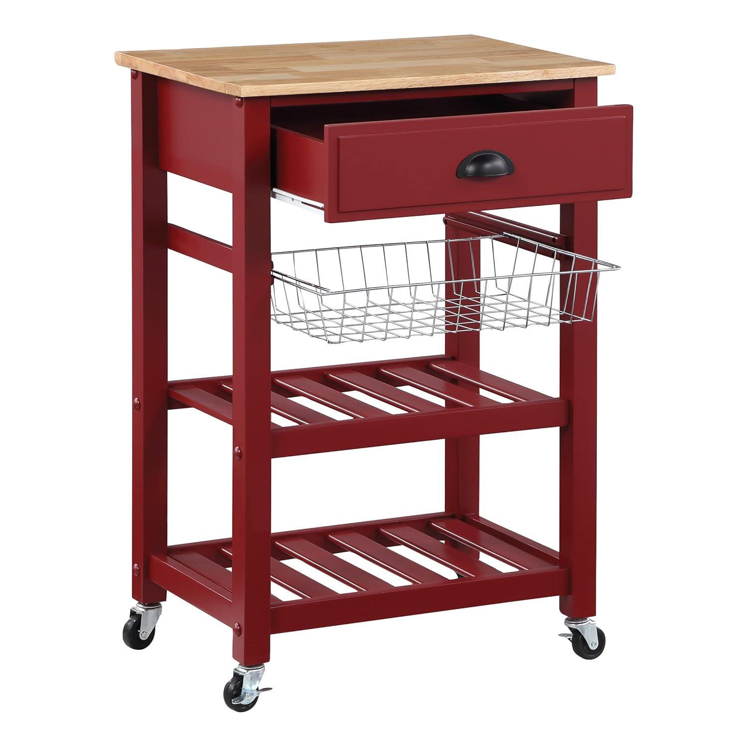 Hampton Engineered Wood Kitchen Cart With Wood Top and Red Base