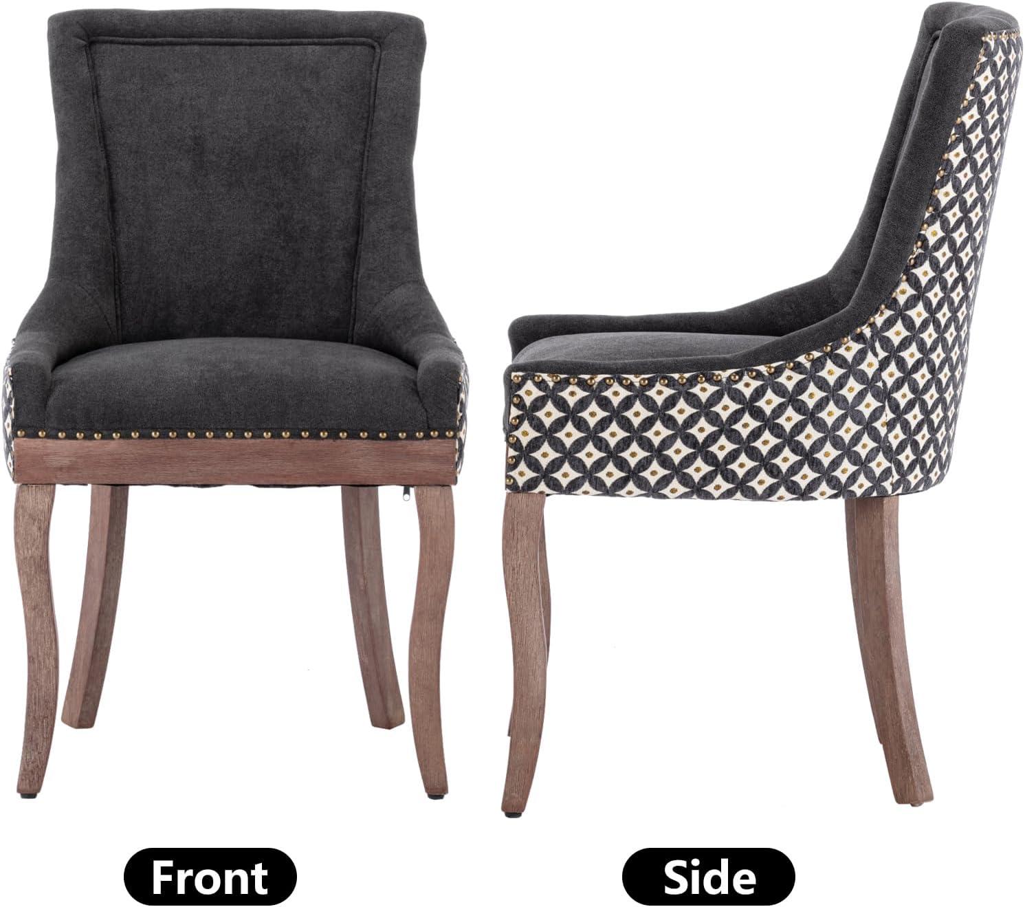 Upholstered Dining Chairs Set of 2, Solid Wood Kitchen Dining Room Chairs with Thicken Padded and Nailhead Trim for Home Kitchen Bedroom Black and Patterned