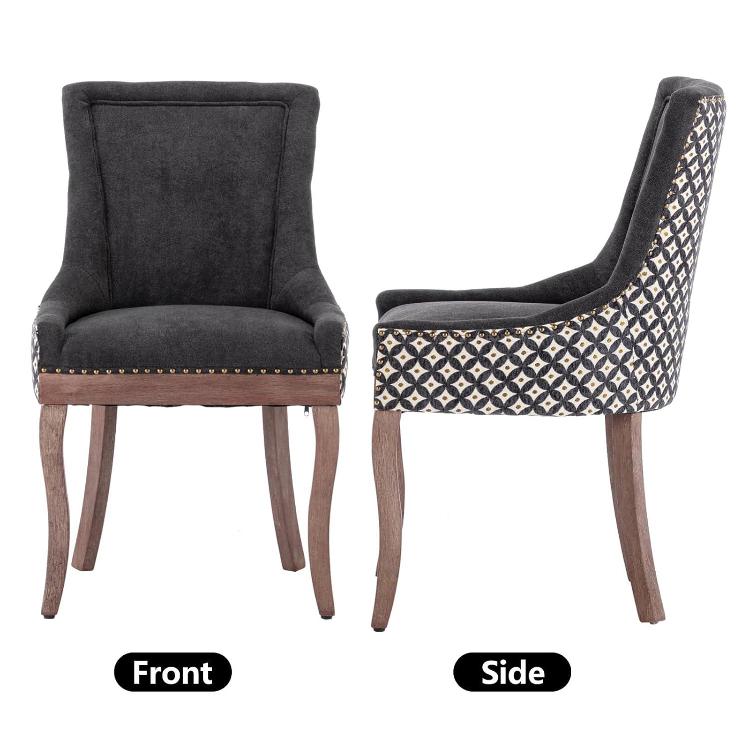 Upholstered Dining Chairs Set of 2, Solid Wood Kitchen Dining Room Chairs with Thicken Padded and Nailhead Trim for Home Kitchen Bedroom Black and Patterned